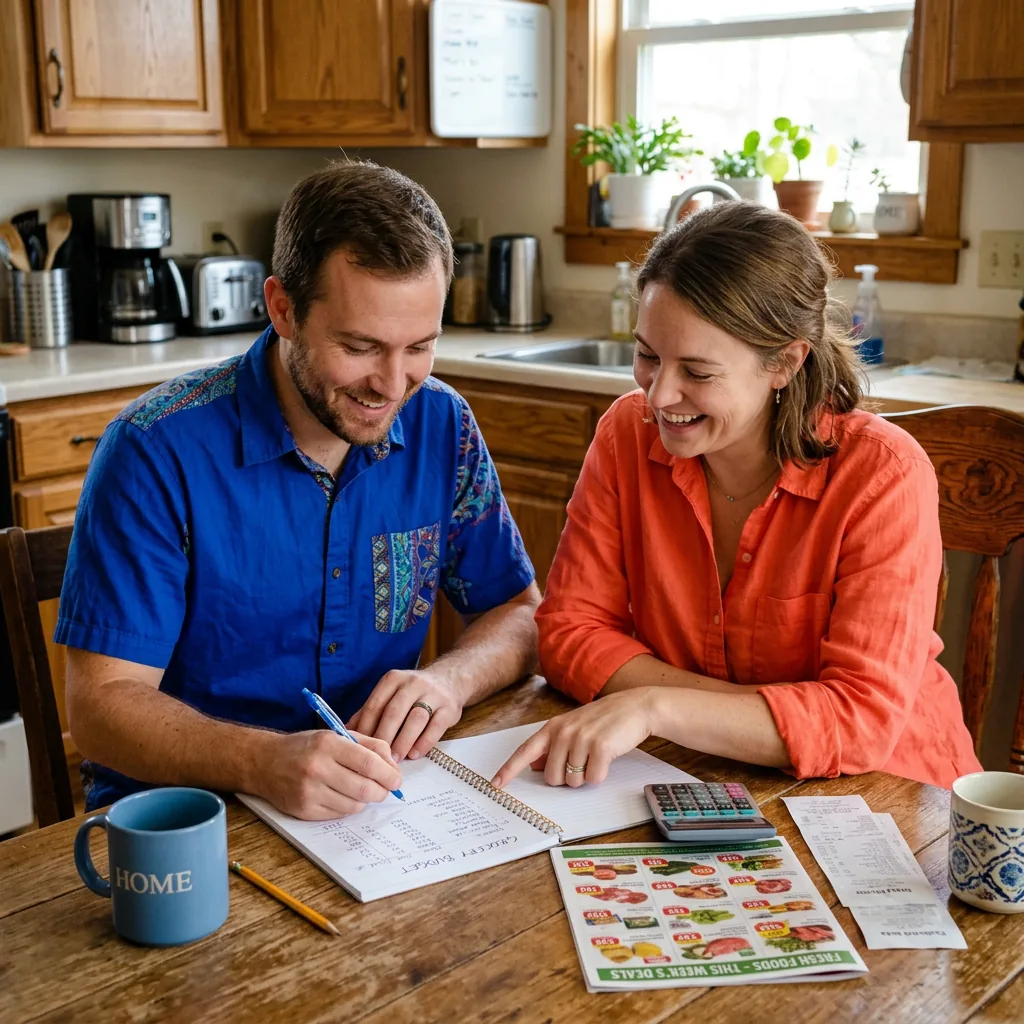 A couple at their kitchen table going over a weekly grocery budget, receipts, and shopping list