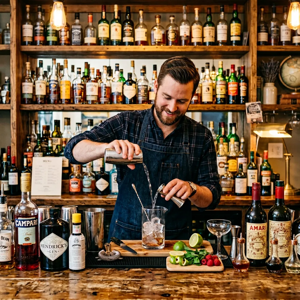 Bartender stirring a cocktail in front of a shelf of spirits, with Campari, Hendrick's gin, Amaro, and fresh garnishes on the bar